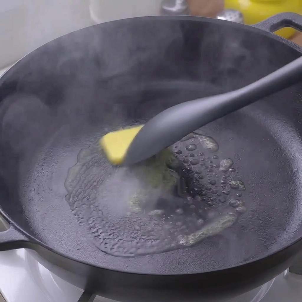 Ein Stück gelbe Butter schmilzt und schäumt in einer heißen schwarzen Pfanne.
