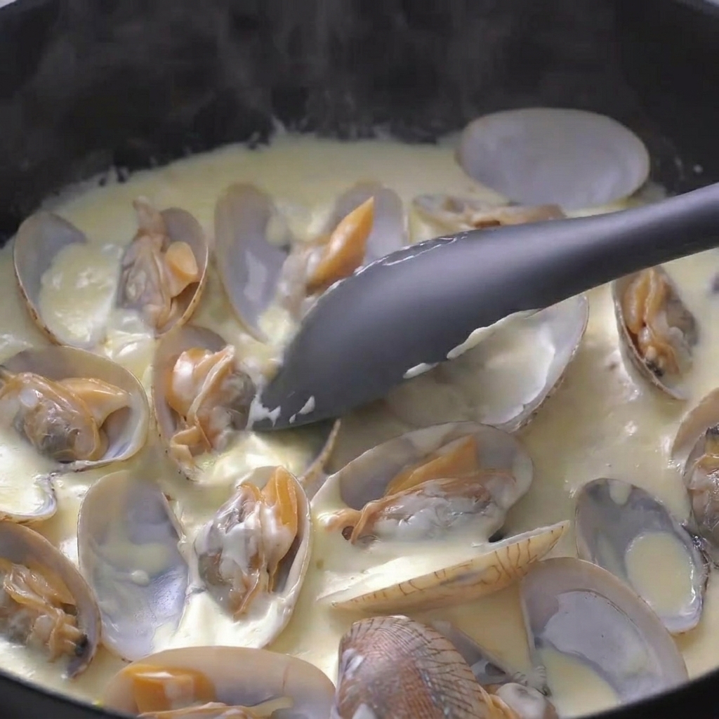 Ein dunkler Spatel rührt die Sahne in den Muschelsaft ein, um eine cremige Sauce zu kreieren.