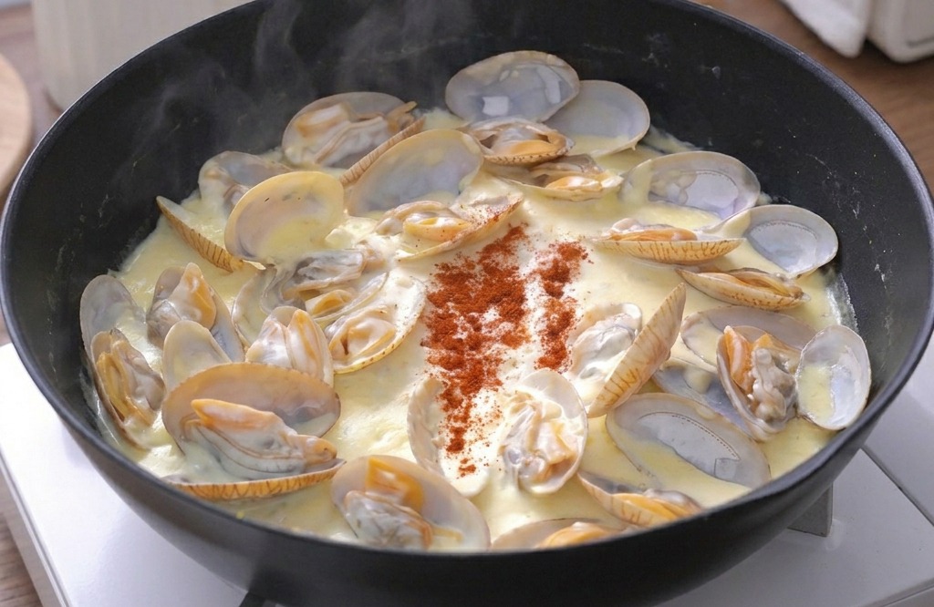 Die Pfanne mit den Muscheln köchelt auf einem Herd, während weißer Dampf aufsteigt.