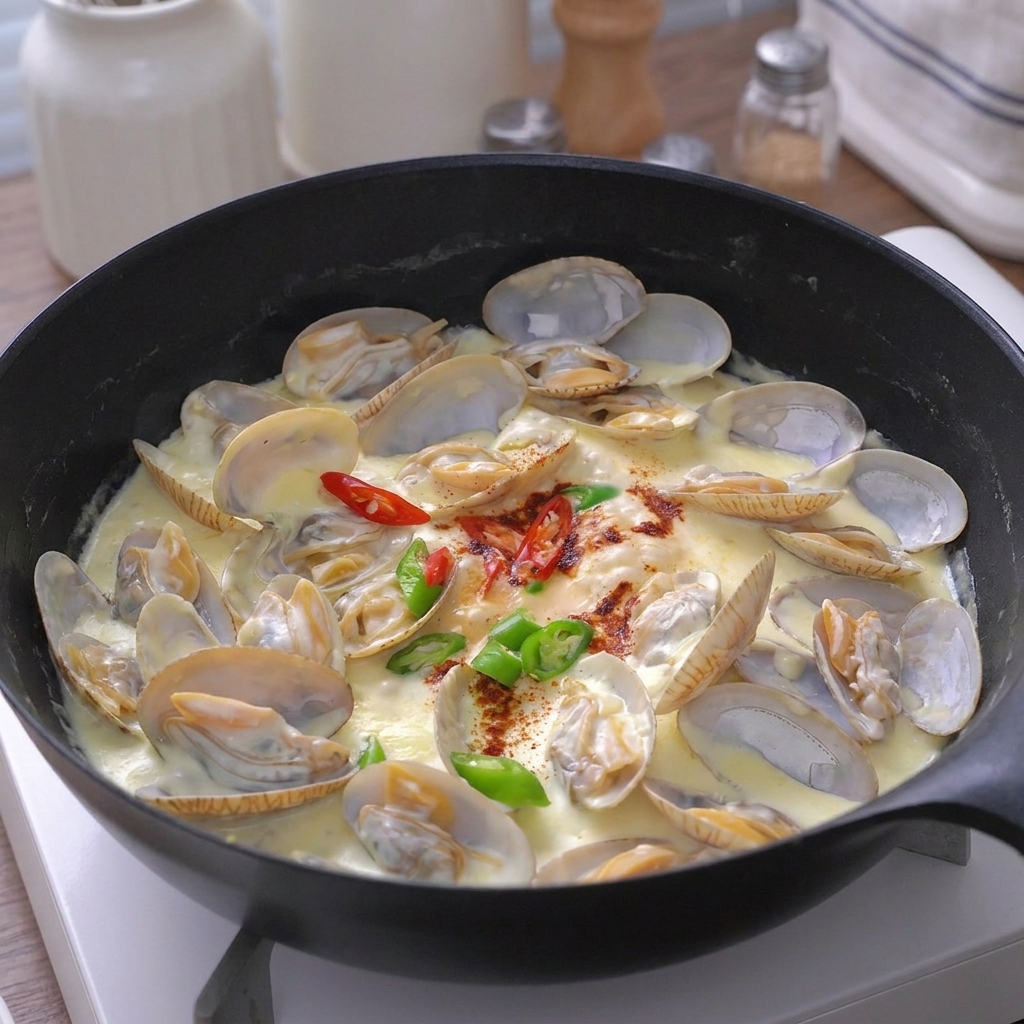 Eine Hand würzt die Muscheln in der weißen Sauce mit einer Prise Salz und Zucker.