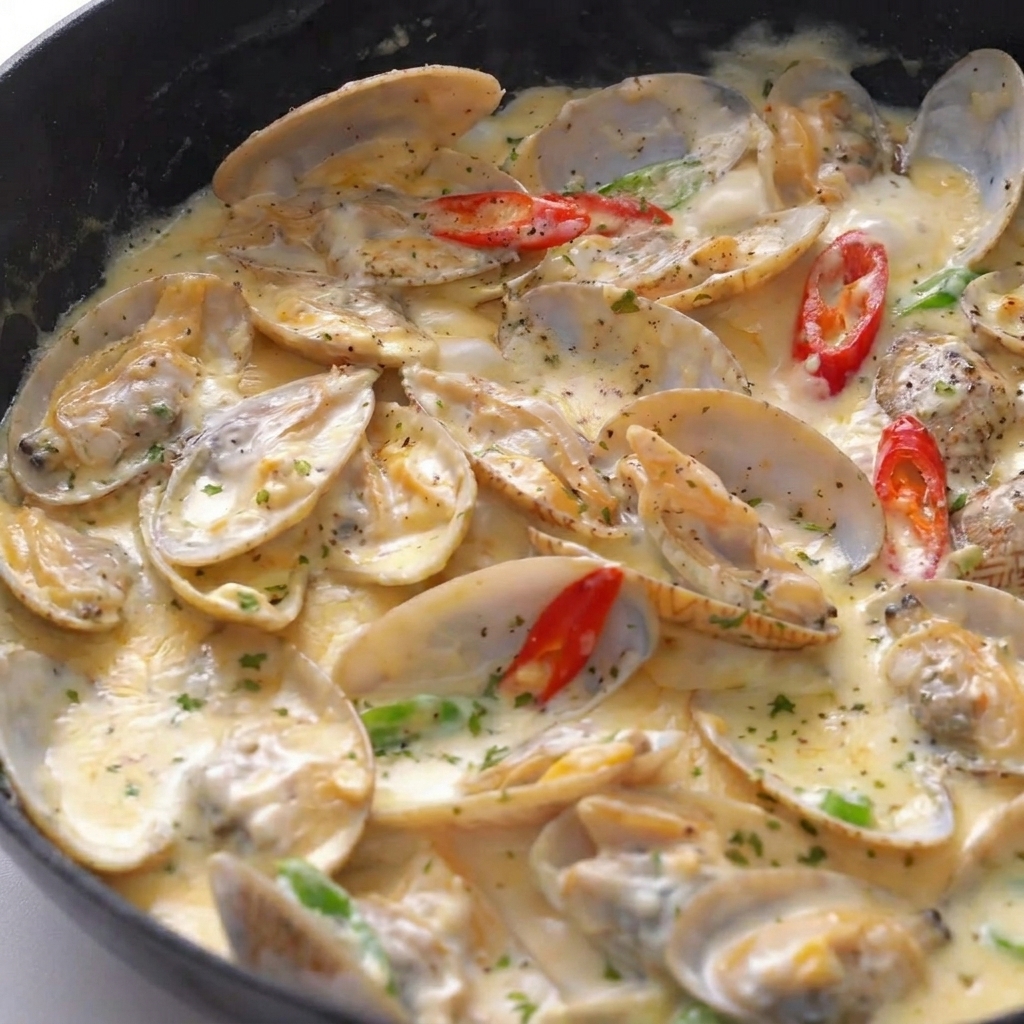 Frisch geschnittene Chilischoten liegen auf den Muscheln in der dicken weißen Sahnesauce.