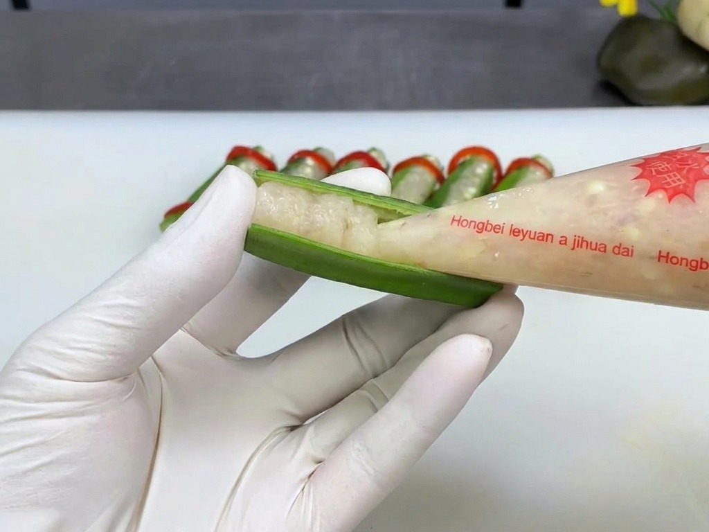 Eine behandschuhte Hand hält eine aufgeschnittene Okraschote, während ein Spritzbeutel die Mitte mit Garnelenpaste füllt.