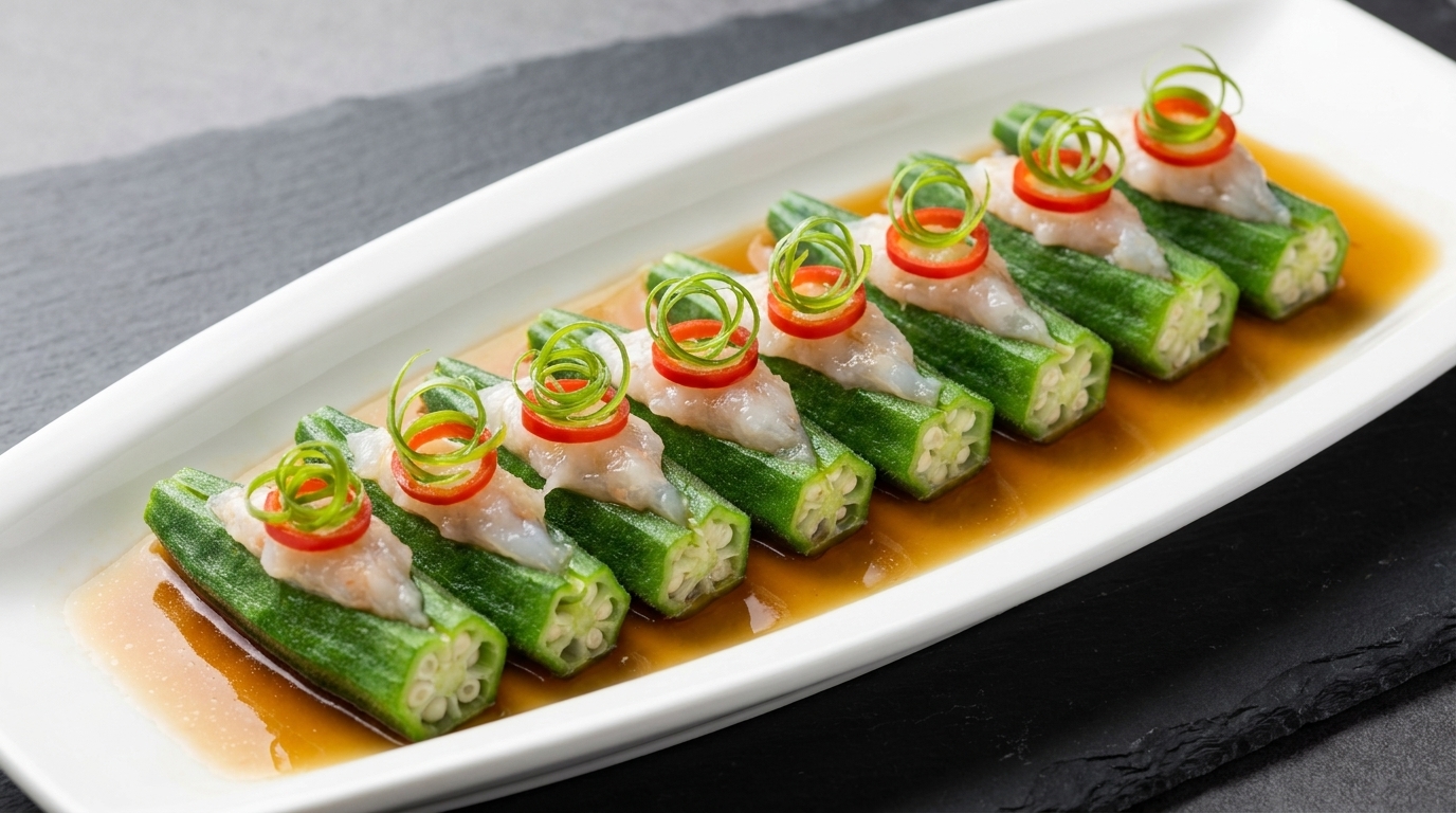 Gedämpfte Okra gefüllt mit herzhafter Garnelenpaste (Kung Fu Okra)
