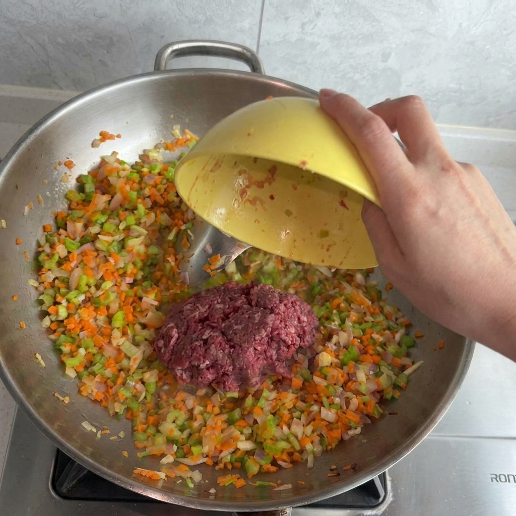 Rohes Hackfleisch wird aus einer gelben Schüssel in eine große Pfanne mit gedünsteten Karotten, Sellerie und Zwiebeln gegeben.