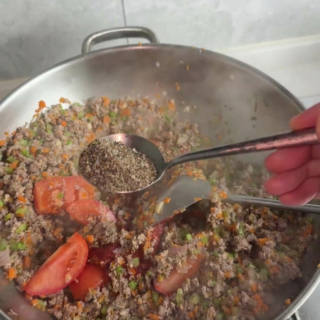 Ein großer Metalllöffel voll schwarzem Pfeffer wird über eine Pfanne mit köchelnder Fleisch-Gemüse-Sauce gehalten.