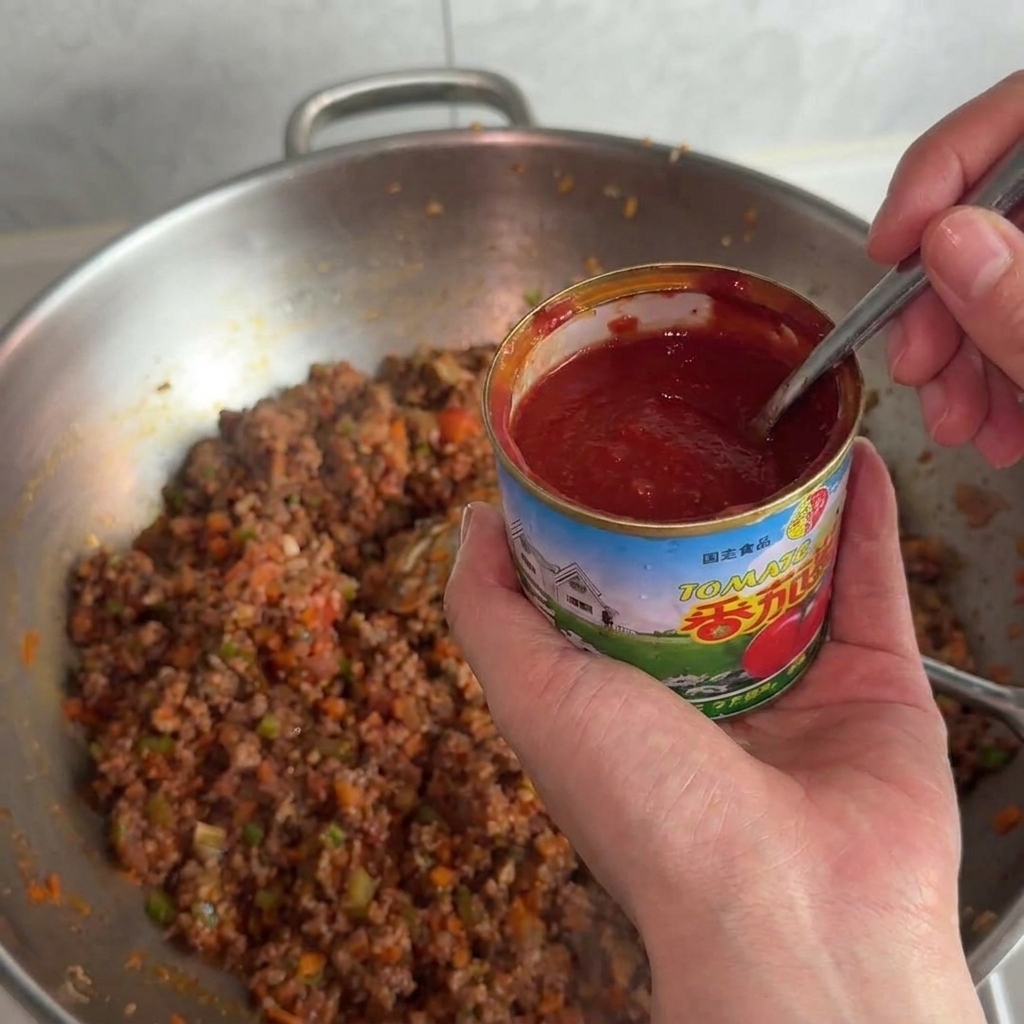 Eine Hand hält eine geöffnete Dose Tomatenmark und gibt den Inhalt mit einem Löffel in die Pfanne mit dem Fleisch.