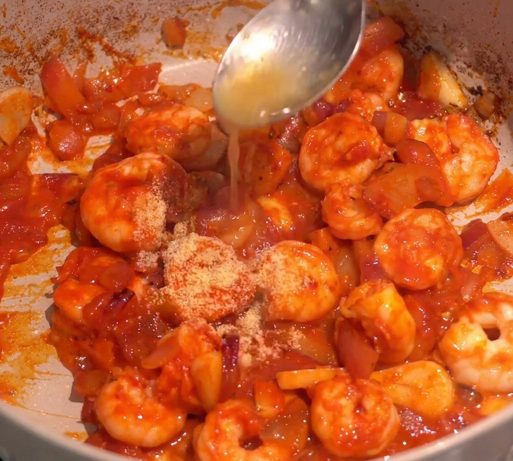 Gewürze werden in eine Pfanne mit Garnelen in roter Chilisauce gegeben.