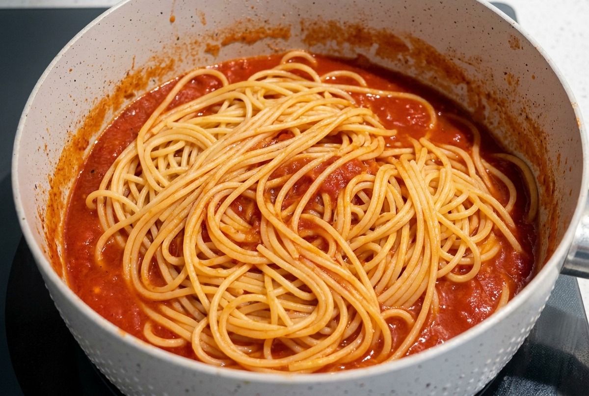 Gekochte Spaghetti liegen auf einer blubbernden roten Sauce in einer hellen Pfanne.