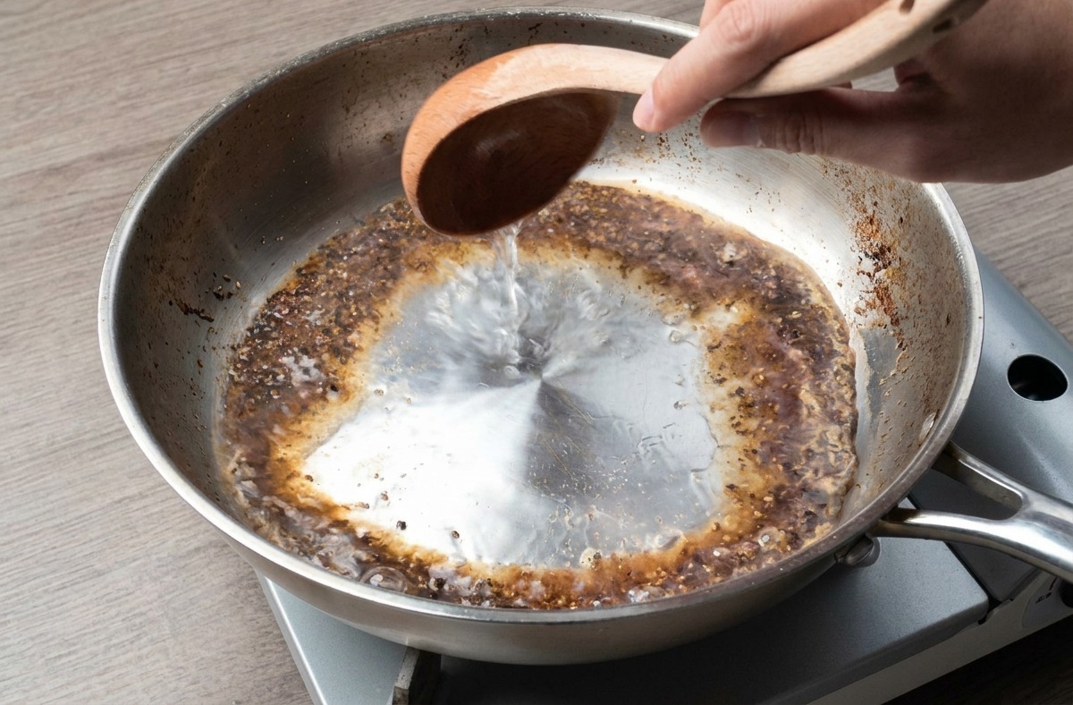 Stärkehaltiges Nudelwasser wird mit einer Kelle in eine Pfanne mit geröstetem Pfeffer gegossen, wodurch eine blubbernde Basis entsteht.
