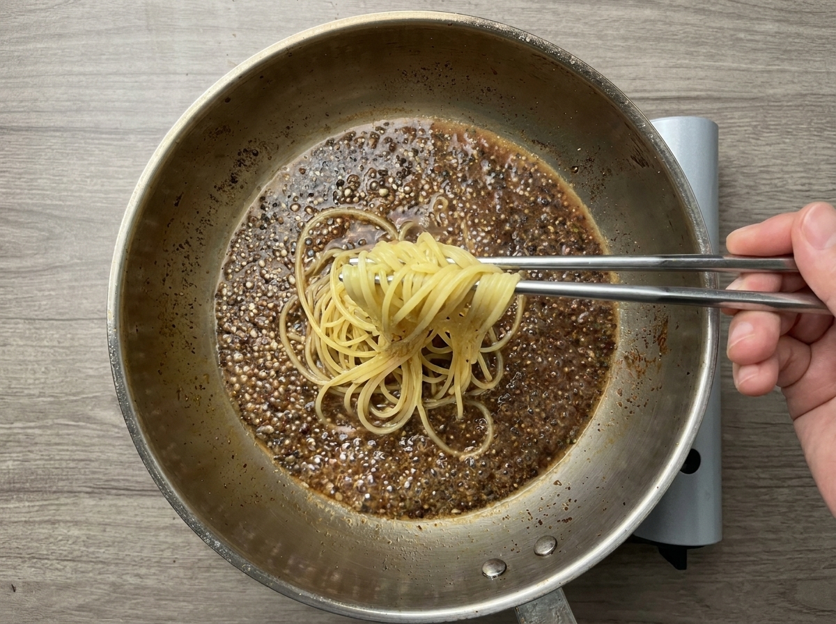 Eine Portion Spaghetti wird mit einer Pastazange direkt aus dem kochenden Wasser in die Pfanne mit dem Pfefferwasser gehoben.