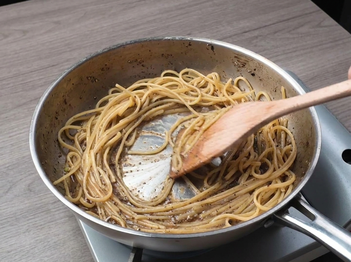 Spaghetti werden mit einem Kochlöffel in der Pfanne gerührt, um die Pfeffersauce gleichmäßig zu verteilen.