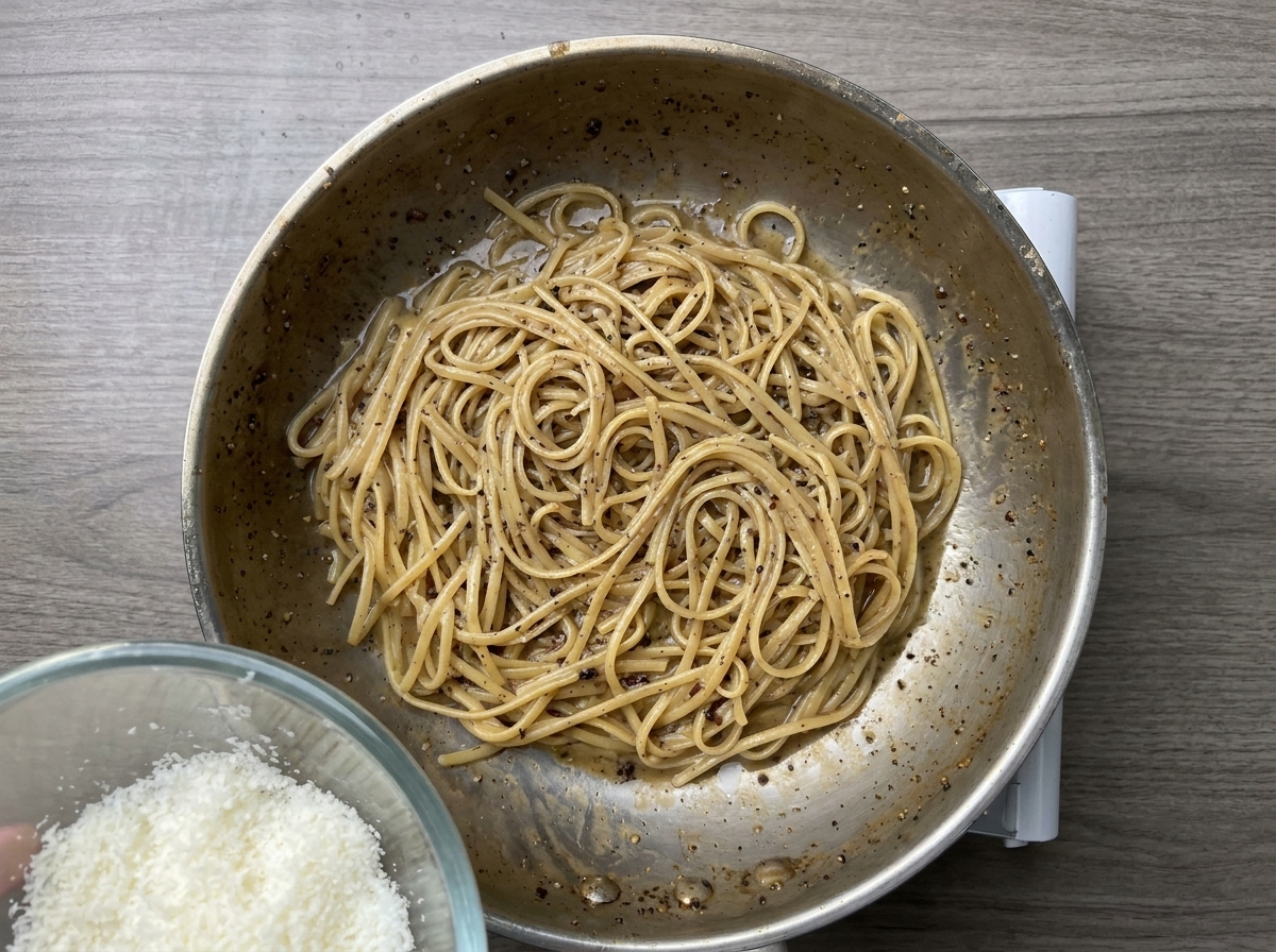 Eine Schüssel mit fein geriebenem Käse wird in die Pfanne mit der Pfefferpasta gegeben, nachdem die Hitze ausgeschaltet wurde.