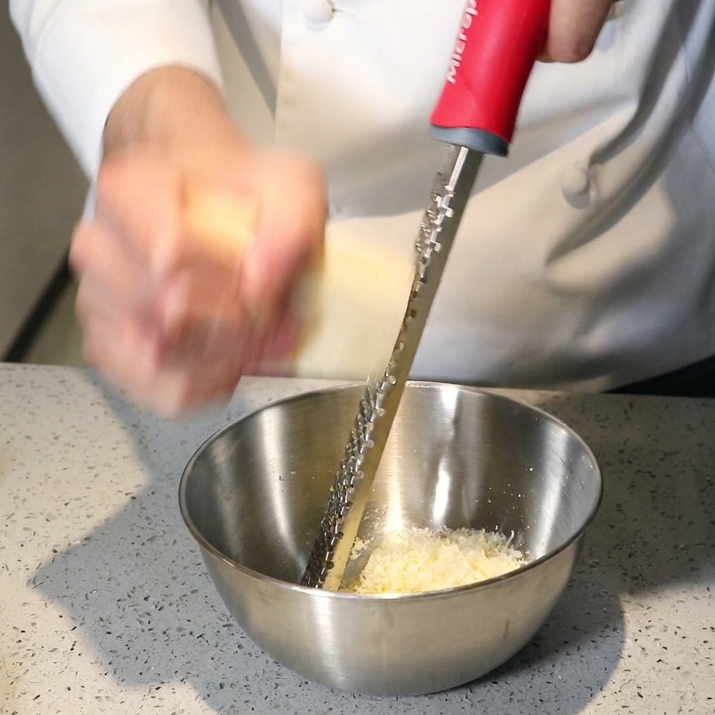 Hände reiben mit einer langen Handreibe schnell ein Stück Hartkäse über einer Rührschüssel aus Edelstahl.