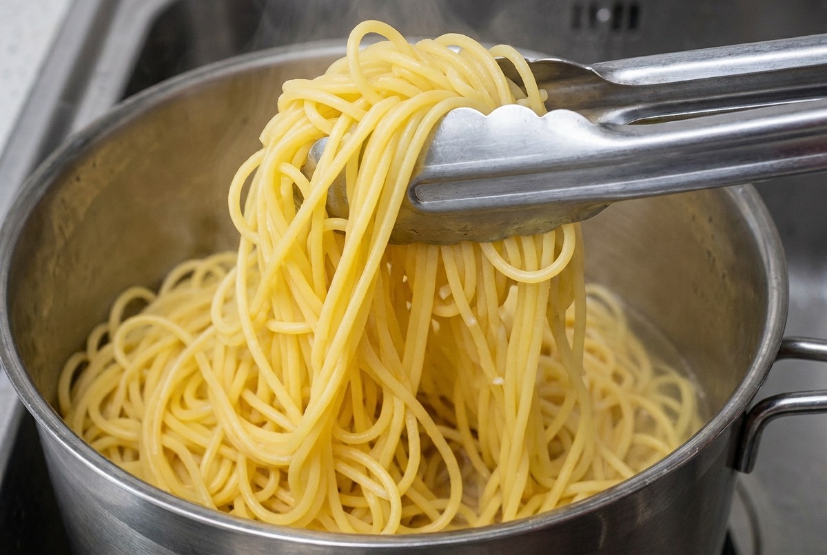 Eine Metallzange hebt ein Bündel dampfender Spaghetti aus einem Topf, um sie in ein Metalltablett zu legen.