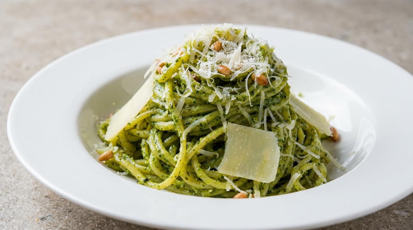 Cremige Basilikum-Pesto-Spaghetti mit gerösteten Pinienkernen