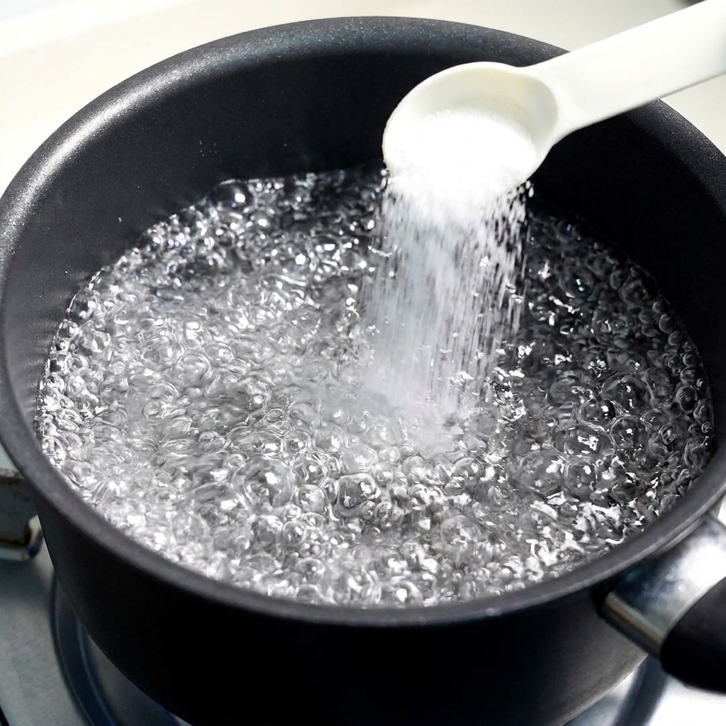 Salz wird aus einem weißen Messlöffel in sprudelnd kochendes Wasser in einem Topf gegeben.