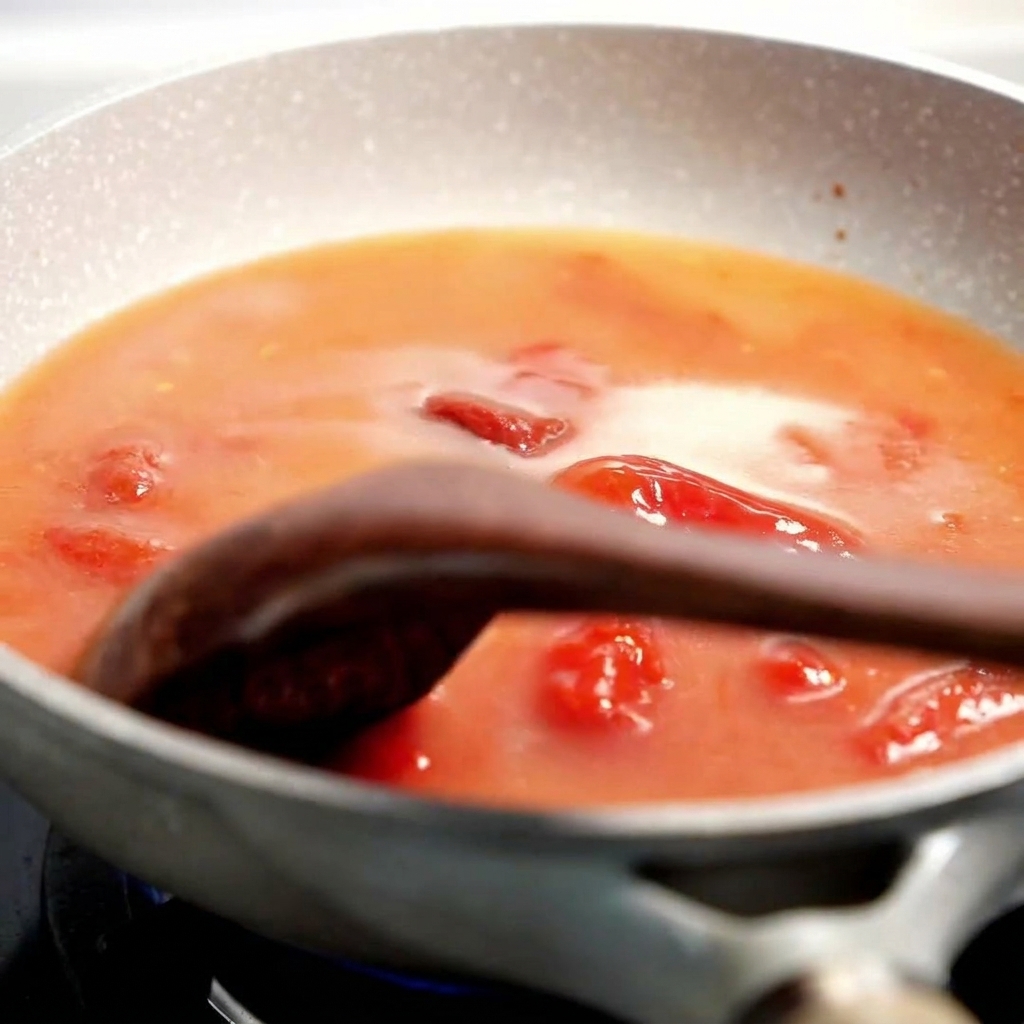 Ein Holzspatel zerdrückt Tomatenstücke in einer köchelnden, dicken roten Sauce.