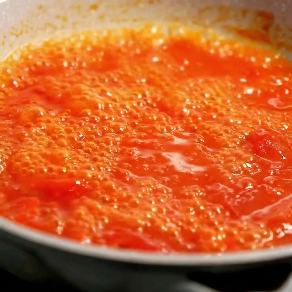 Nahaufnahme einer leuchtend roten Tomatensauce, die in einer breiten Pfanne blubbert.