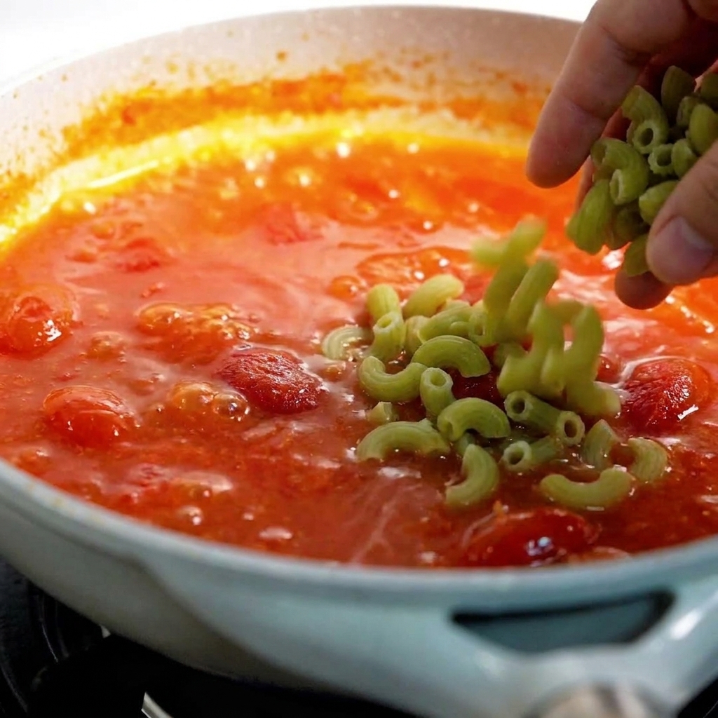 Hörnchennudeln werden in eine Pfanne mit blubbernder Tomatensauce gegeben.