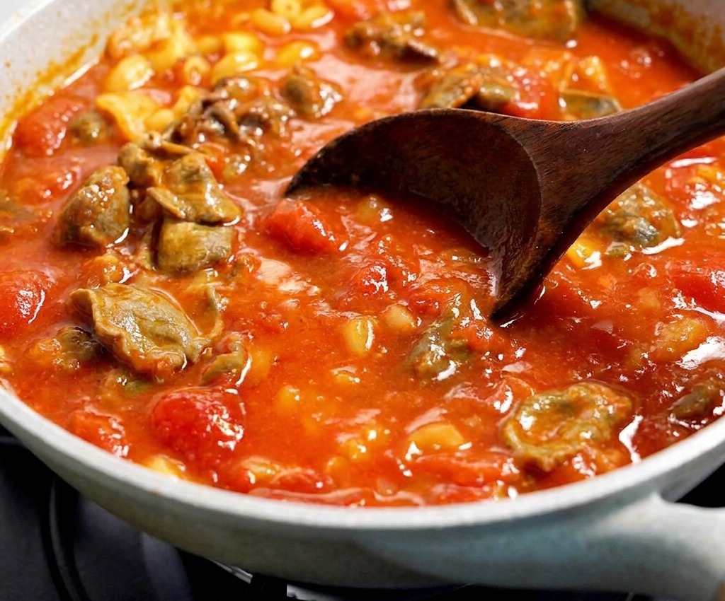 Makkaroni und Rindfleischstreifen werden in einer dicken Tomatensauce in der Pfanne geschwenkt.