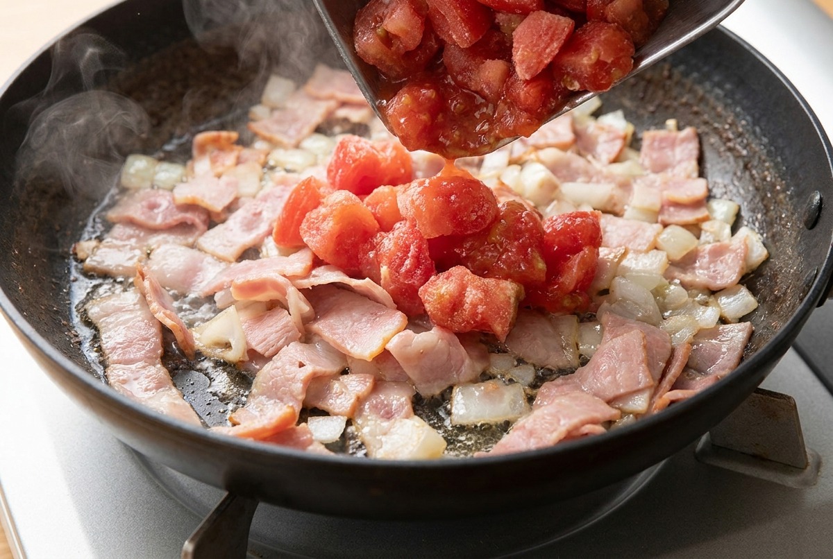 Geschnittener Speck und Zwiebelwürfel garen in einer Pfanne, während gehackte Tomaten hinzugefügt werden.