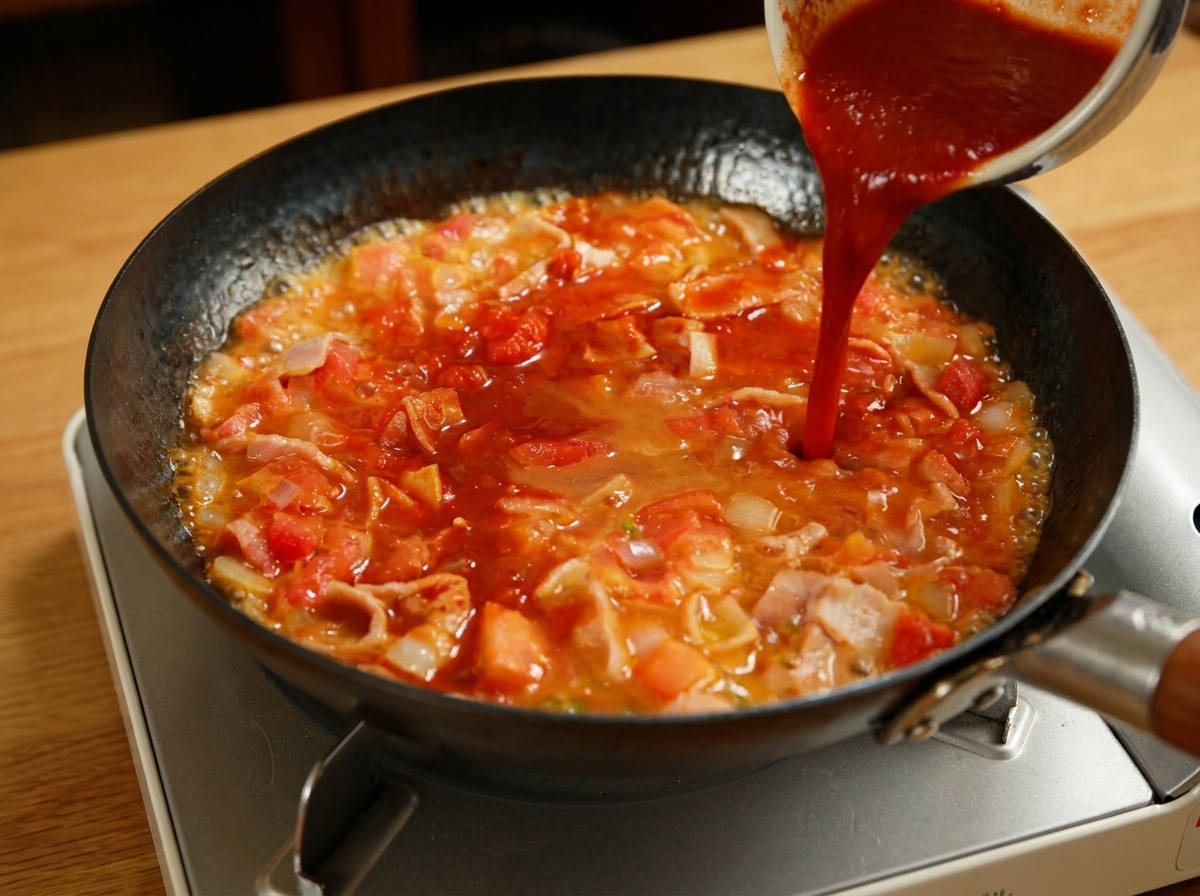 Eine dicke rote Sauce wird aus einer Schüssel in eine Bratpfanne mit brutzelnden Tomaten, Zwiebeln und Speck gegossen.