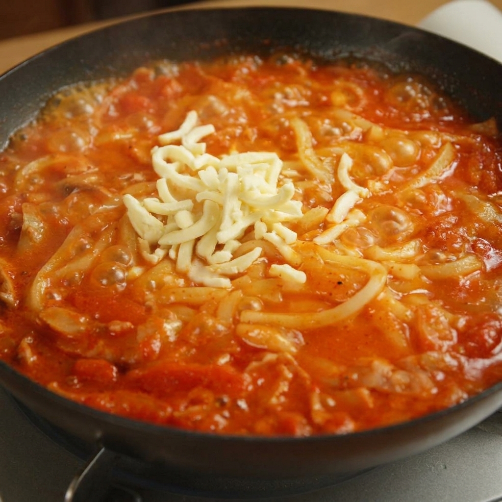Geriebener weißer Mozzarella liegt gehäuft auf Udon-Nudeln in einer roten, scharfen Sauce.