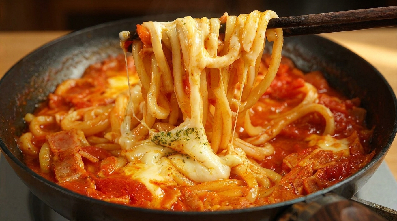 Cremige Käse-Tomaten-Udon mit knusprigem Speck