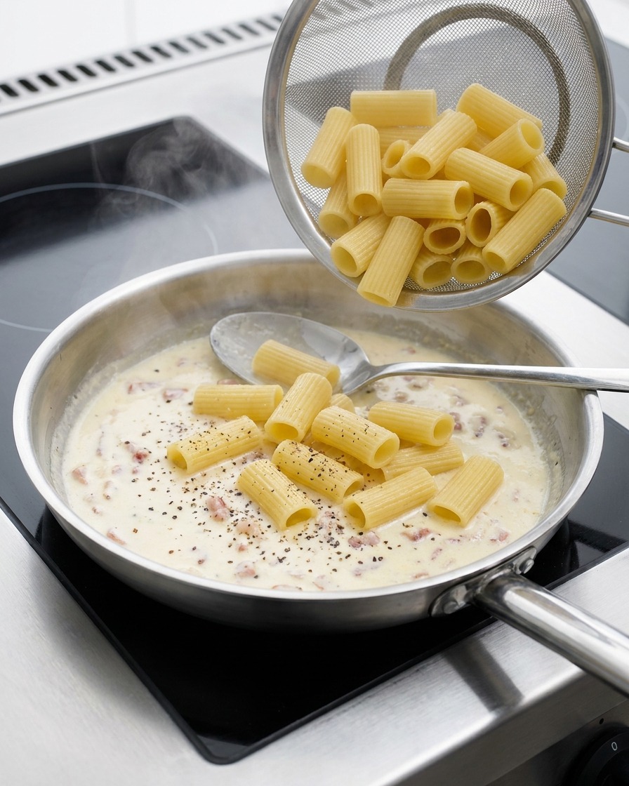Gekochte Rigatoni-Nudeln werden aus einem Sieb in die Pfanne mit cremiger Specksoße gegeben.