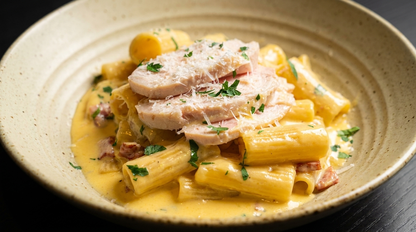 Cremige Rigatoni Carbonara mit Speck und Hähnchenbrust