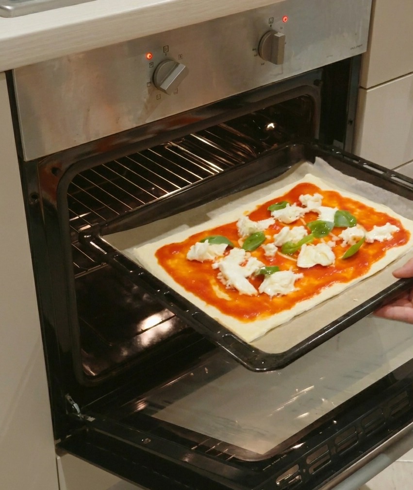 Die Hand einer Person schiebt ein Backblech mit einer rohen Pizza Margherita in einen vorgeheizten Ofen.