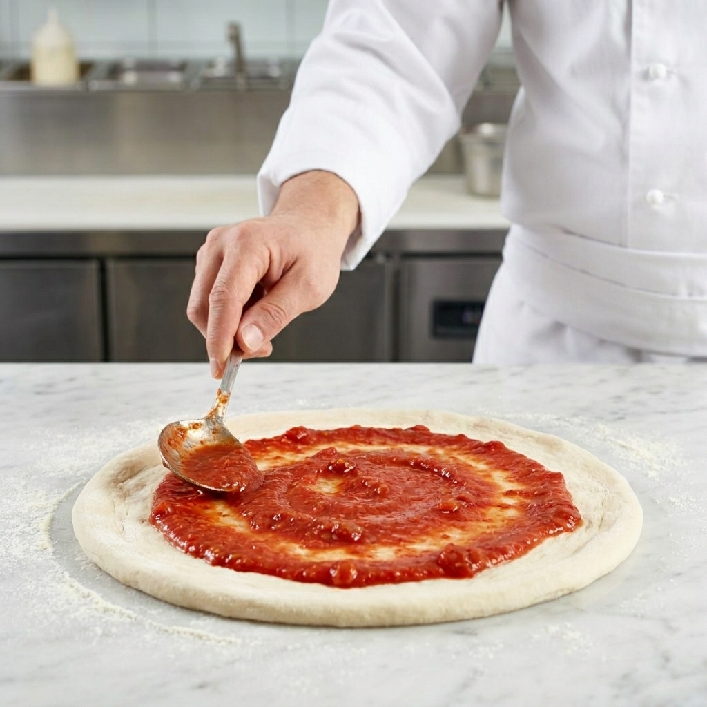 Eine Schöpfkelle verteilt leuchtend rote Tomatensauce in kreisenden Bewegungen auf dem rohen Pizzaboden.