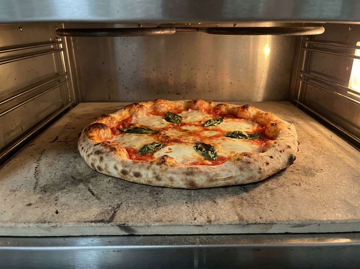 Eine Pizza Margherita backt im Ofen; der Rand ist aufgegangen und gebräunt, der Käse wirft Blasen.