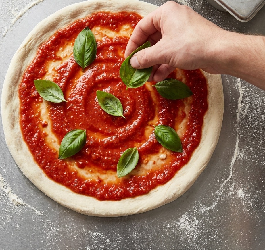 Hände verteilen rote Sauce auf einem Pizzaboden und geben frische grüne Basilikumblätter darauf.