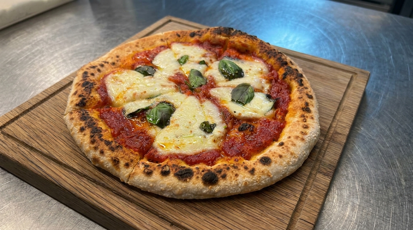 Selbstgemachte Pizza Margherita mit Leoparden-Kruste