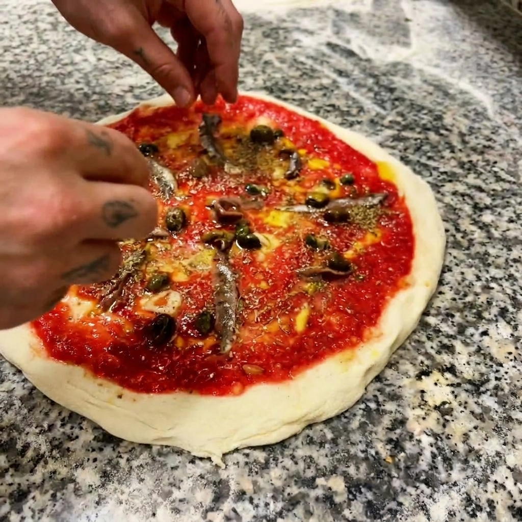 Hände verteilen vorsichtig schwarze Oliven auf einer Pizza mit Tomatensauce und Sardellen.