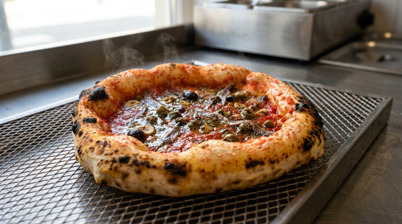Authentische neapolitanische Pizza Marinara mit Sardellen & Oliven