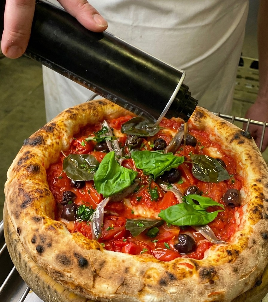 Ein dünner Strahl Olivenöl wird aus einer schwarzen Metallkanne auf eine frisch garnierte neapolitanische Pizza gegossen.