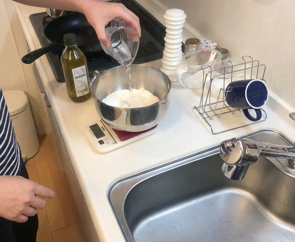 Warmes Wasser wird aus einem Messbecher in eine Schüssel mit Mehl und trockenen Zutaten gegossen.