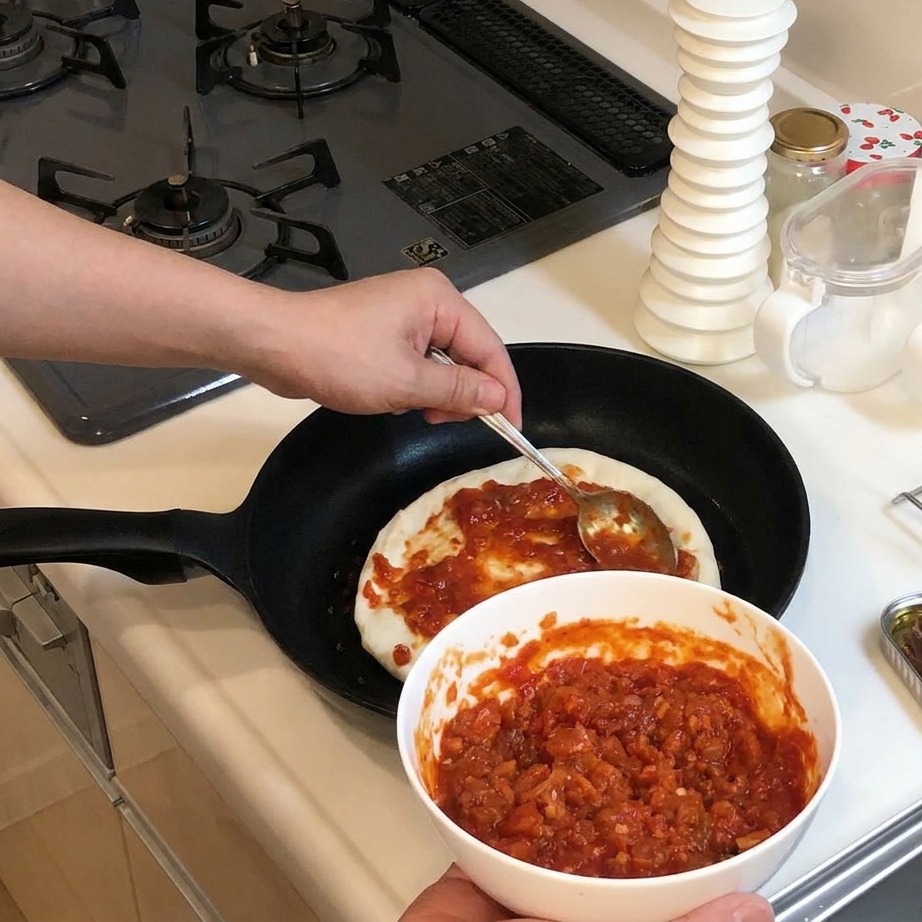 Mit einem Metalllöffel wird hellrote Tomatensauce auf dem rohen Pizzateig in der Pfanne verteilt.