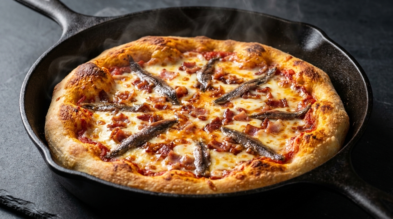 Knusprige Pfannenpizza mit Sardellen und Speck