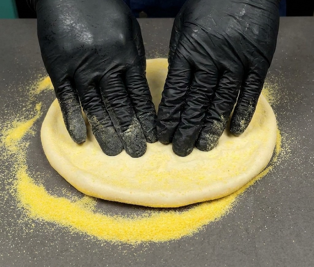 Hände in schwarzen Handschuhen drücken einen runden Pizzateig auf einer mit gelbem Maismehl bestreuten Fläche flach.