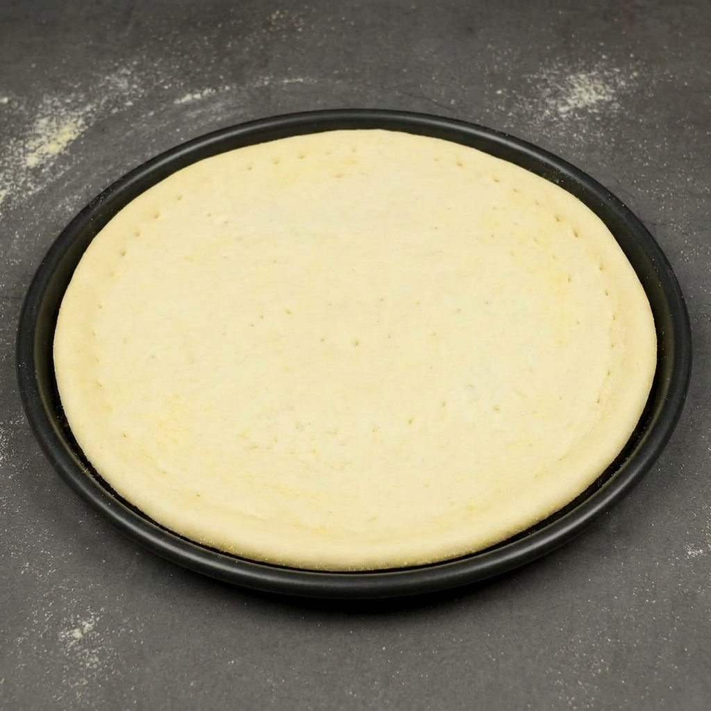 Der rohe Pizzateig liegt mittig in einer dunklen, runden Metallbackform.