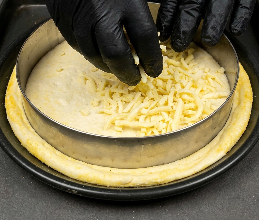 Geriebener Mozzarella wird auf dem Pizzateig innerhalb einer runden Form verteilt.