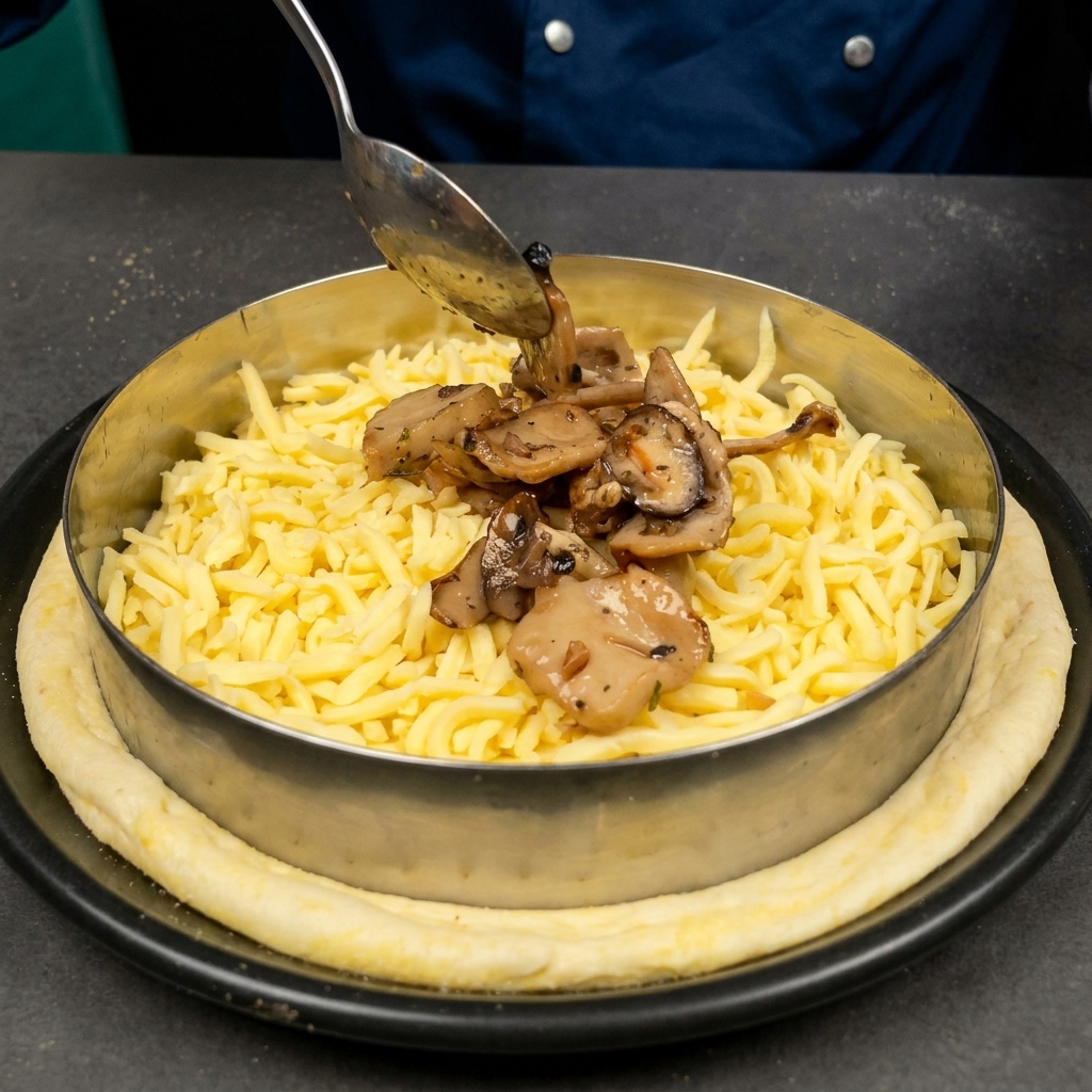 Ein Löffel platziert die vorbereiteten Pilze auf dem Käse der Pizza.