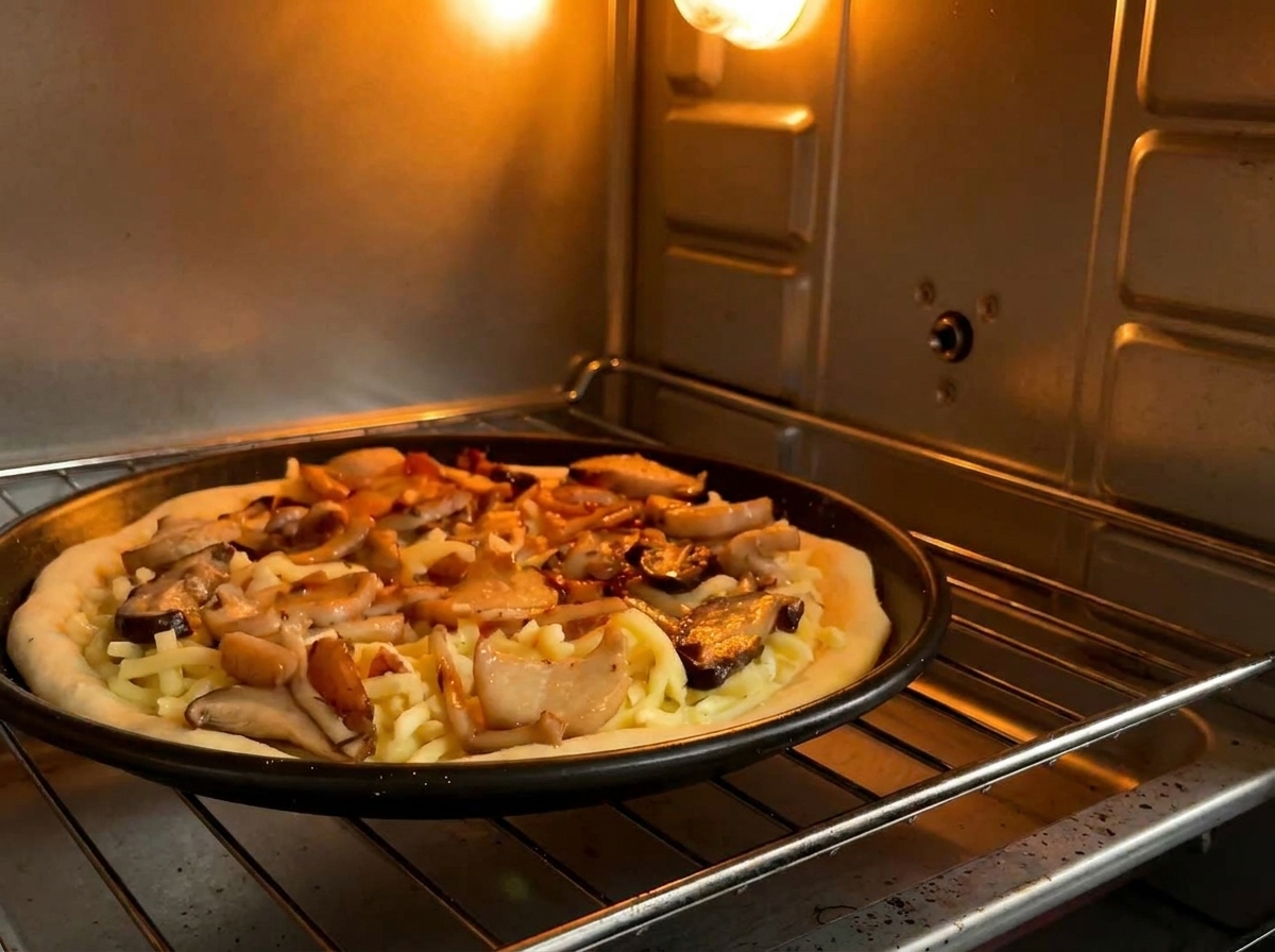Die Pilzpizza backt auf einem Rost im beleuchteten Ofen.