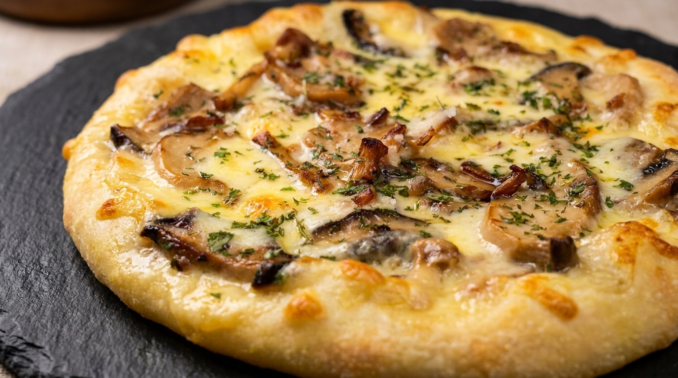 Weiße Gourmet-Pilzpizza mit Knoblauch und frischen Kräutern