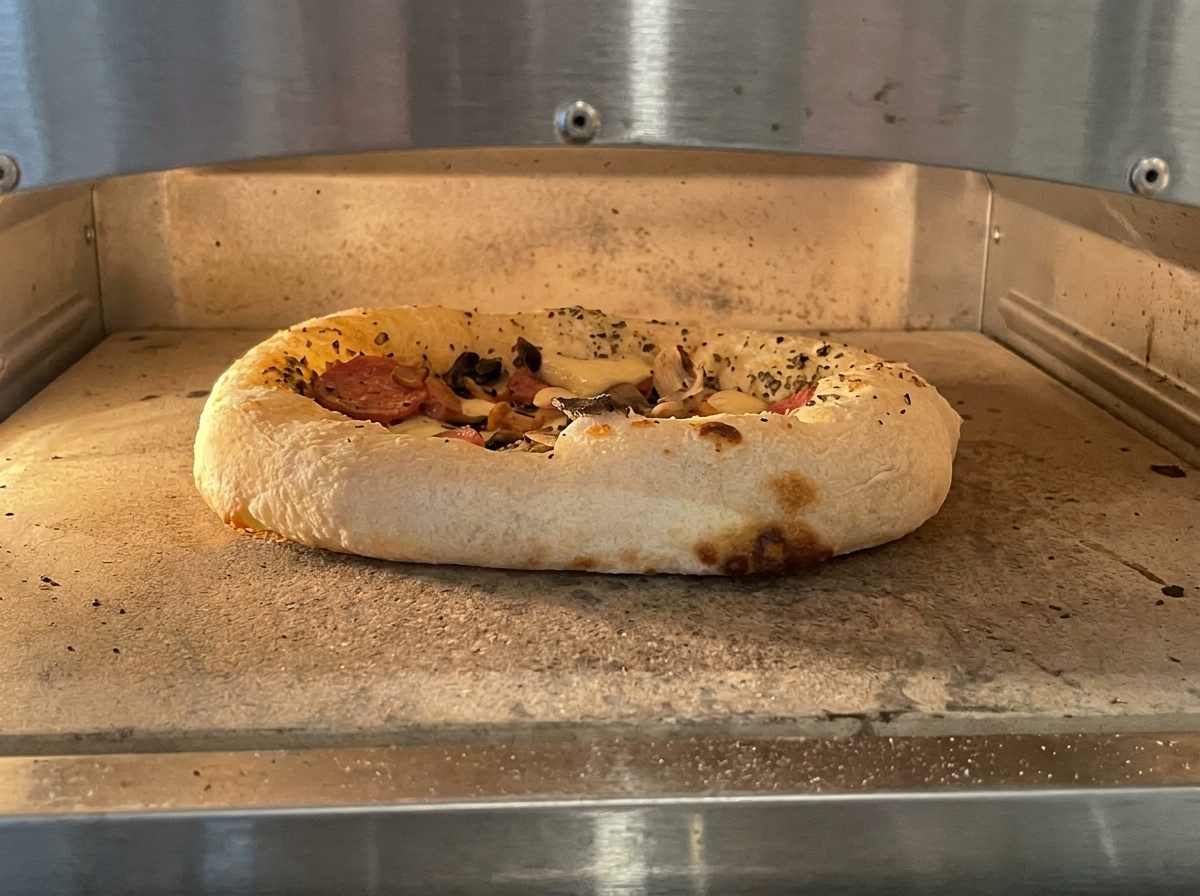Eine Pizza backt im Ofen, der Rand ist deutlich aufgegangen und gebräunt, der Käse blubbert.