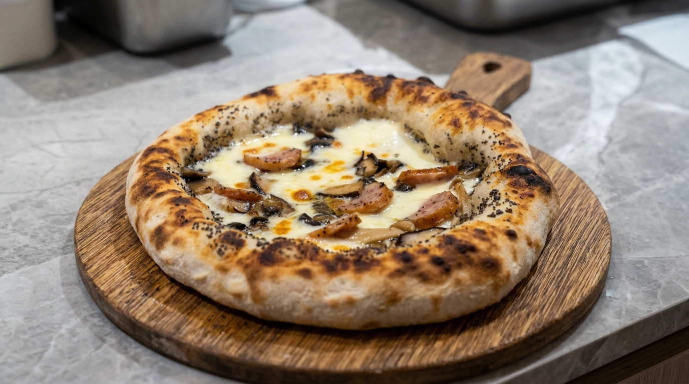 Gourmet-Pizza mit Trüffel, Pilzen und Mozzarella