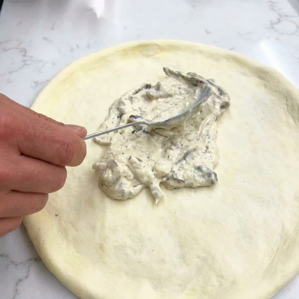 Ein Metalllöffel verteilt eine dicke weiße Rahmsauce mit Champignonstücken auf einem rohen Pizzateig.